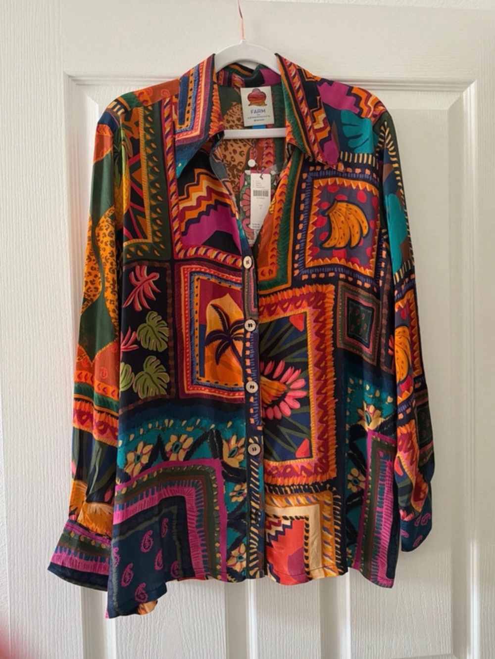 FARM Rio Bold Tropical Patchwork Button-Down Shirt in Teal, Orange & Pink